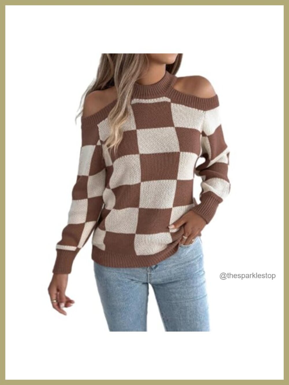 Checkered Color Block Cold Shoulder Knitted Sweater Pullover